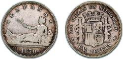 World Coins - Spain Provisional Government 1870 DE-M 1 Peseta - Provisional Government (ESPAÑA) Silver (.835) Madrid Mint (5164997) 4.74g VF KM 653 Cal 15