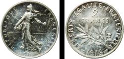 World Coins - France Third Republic 1916 2 Francs Silver (.835) Paris Mint (17886653) 9.9g XF  Franc 2014 266 Gad 1789 532 KM 845.1 KM 845.2 Schön 188