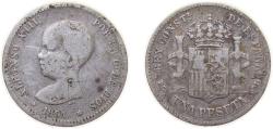 World Coins - Spain Kingdom 1891 *18-91 PGM 1 Peseta - Alfonso XIII (1st portrait) Silver (.835) Madrid Mint (4948225) 5g VF KM691