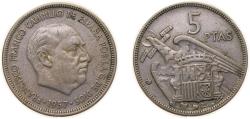 World Coins - Spain Nationalist Government 1957 *63 5 Pesetas - Francisco Franco Copper-nickel (75% copper, 25% nickel) Madrid Mint (50000000) 5.75g XF KM 786 Cal 54 Schön 34