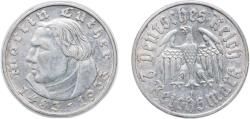 World Coins - Germany - 1871-1948 Third Reich 1933 F 2 Reichsmark (Martin Luther) Silver (.625) (100300) 7.96g XF KM 79 AKS 92 J 352 Schön DM 75