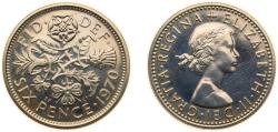 World Coins - Great Britain United Kingdom 1970 6 Pence - Elizabeth II (1st portrait; no 'BRITT:OMN') Copper-nickel (75% Cu, 25% Ni) Royal Mint (Tower Hill) (750400) 2.83g PF KM 903 Sp 4149
