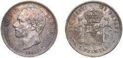 World Coins - Spain Kingdom 1884 *18-84 MSM 5 Pesetas - Alfonso XII (3rd portrait) Silver (.900) Madrid Mint (5847819) 25g VF KM 688