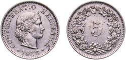 World Coins - Switzerland Federal State 1958 B 5 Rappen (Libertas; copper-nickel) Copper-nickel (75% copper, 25% nickel, non-magnetic) Bern Mint (10217000) 1.99g XF  HMZ 2 1212 Divo/Tob19 319 K