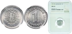 World Coins - Germany Second Empire 1917 D 1 Pfennig - Wilhelm II (type 1 - large shield) Aluminium (Al 990, Cu 10) Munich Mint (6939541) 0.77g NGC MS 63  KM 24 AKS 22 J 300 Schön 19 Neum 36
