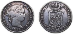 World Coins - Spain Kingdom 1867 40 Centimos de Escudo - Isabel II Silver (.810) Madrid Mint 4.97g VF KM 628.2