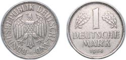 World Coins - Germany Federal Republic of Germany 1954 G 1 Deutsche Mark Copper-nickel (75% Copper, 25% Nickel) Staatliche Münze Baden-Württemberg Mint (3459000) 5.5g VF KM 110 J 385 Schön 108