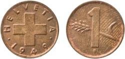 World Coins - Switzerland Federal State 1949 B 1 Rappen (wheat spike) Bronze (95% copper, 4% tin, 1% zinc) Bern Mint (11100000) 1.48g UNC  HMZ 2 1216 Divo/Tob19 328 KM 46 Schön 41 Y 54