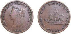 World Coins - Canada  New Brunswick Canadian provinces 1843 ½ Penny Token - Victoria Copper (480000) 8.8g VF CCTNB-1 Breton His910