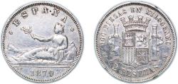 World Coins - Spain Provisional Government 1870 *18-74 DEM 2 Pesetas - Provisional Government Silver (.835) Madrid Mint (14892932) 9.97g XF KM 654