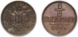 World Coins - Austria Archduchy of Austria 1851 A ½ Kreuzer Copper 2.75g AU KM 2181 ÉH 1449 H 2188-2190 Adamo M2