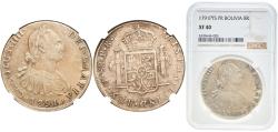 World Coins - Bolivia Spanish colony 1791 PTS PR 8 Reales - Charles IV Silver (.896) Potosi Mint 27.07g NGC XF 40  KM 73 Cal 684