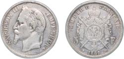 World Coins - France Second Empire 1867 BB 5 Francs - Napoleon III Silver (.900) Strasbourg Mint (4337636) 24.76g XF  Franc 2014 331 Gad 1789 739 KM 799