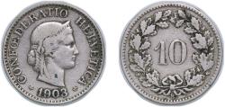 World Coins - Switzerland Federal State 1903 B 10 Rappen (Libertas; copper-nickel) Copper-nickel (75% copper, 25% nickel; non-magnetic) Bern Mint (1000000) 2.93g VF HMZ 2 1210 Divo/Tob19 314 KM