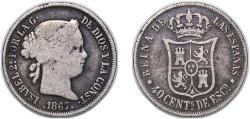 World Coins - Spain Kingdom 1867 40 Centimos de Escudo - Isabel II Silver (.810) Madrid Mint 4.85g VF KM 628