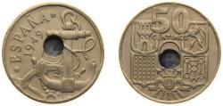 World Coins - Spain Kingdom 1949 *19-52 50 Centimos (Arrows up) Copper-nickel (75% copper, 25% nickel) Madrid Mint (18567000) 4g AU Hole displaced Central KM 777 Cal 105 Schön 27