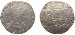 World Coins - Low countries feudal Duchy of Brabant Spanish possession 1636 HeadHand 1 Patagon - Philip IV Silver (.875) Brussels Mint 28.1g VF GH 329 KM 53.3 Vanhoudt 645 Delmonte S 293 Witte