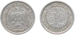 World Coins - Germany Germany - 1871-1948 Weimar Republic 1928 A 50 Reichspfennig Nickel Berlin Mint (43864104) 3.5g VF KM 49 AKS 40 J 324 Schön DM 42