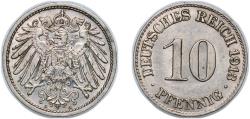 World Coins - Germany Germany - 1871-1948 Weimar Republic 1913 A 10 Pfennigs - Wilhelm II (type 2 - small shield) Copper-nickel (Cu 750, Ni 250) Berlin Mint (13466417) 4g UNC KM 12 AKS 12 J 13