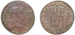 World Coins - France Kingdom 1720 A ½ Sol - Louis XV (1st portrait) Copper Monnaie de Paris 5.95g VF Dy royales 1693 GadR2 273 Ciani 2142