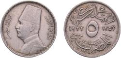 World Coins - Egypt Arab Republic of Egypt AH 1352 H (1933) 5 Milliemes - Fuad (left) Copper-nickel Heaton and Sons / The Mint Birmingham Limited (3000000) 3.93g VF  KM 346 Schön 54