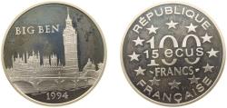 World Coins - France Fifth Republic 1994 100 Francs / 15 ECUs (Big Ben) Silver (.900) (20000) 22.2g PF KM 1070