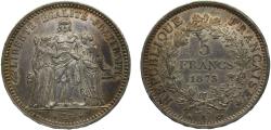 World Coins - France Third Republic 1873A 5 Francs "Hercule" Silver (.900) Paris Mint 25g AU F334 Gad744 KM820.1