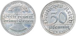 World Coins - Germany Weimar Republic 1919 A 50 Pfennig Aluminium Berlin Mint (7172760) 1.68g AU  KM 27 AKS 37 J 301 Schön 24