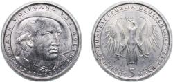World Coins - Germany Federal Republic of Germany 1982 D 5 Deutsche Mark (Johann Wolfgang von Goethe) Copper-nickel clad nickel Munich Mint (8000000) 10g UNC KM 156 J 432 Schön 156