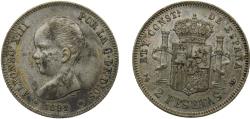 World Coins - Spain Kingdom 1892 *18-92 PGM 2 Pesetas - Alfonso XIII (1st portrait) Silver (.835) Madrid mint 10g AU KM692 Cal32