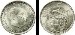 World Coins - Spain Nationalist Government 1957 *67 5 Pesetas - Francisco Franco Copper-nickel (75% copper, 25% nickel) Royal Mint of Spain (30000000) 5.83g UNC  KM 786 Cal 49 Schön 34