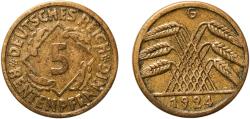 World Coins - Germany 1924 G 5 Rentenpfennig Aluminium bronze Staatliche Münze Baden-Württemberg (19216809) 2.35g XF  KM 32 AKS 48 J 308 Schön 31