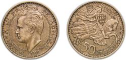 World Coins - Monaco Principalty 1950 50 Francs - Rainier III Copper-aluminium Monnaie de Paris Mint (500000) 8.1g XF KM 132 Gad MC141
