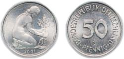 World Coins - Germany Federal Republic of Germany 2001 G 50 Pfennig Copper-nickel Staatliche Münze Baden-Württemberg Mint (130000) 3.5g UNC KM 109 J 384 Schön 107