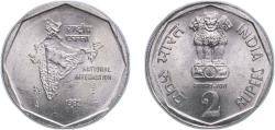 World Coins - India Republic 1982 ♦ 2 Rupees (National Integration; round type) Copper-nickel (75% Copper, 25% Nickel) Mumbai / Bombay Mint 8.1g UNC KM 121.1 KM 121.2
