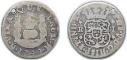 World Coins - Mexico Spanish colony 1744 M 1 Real - Felipe V Silver (.917) Mexico City Mint 2.9g F Holed KM 75