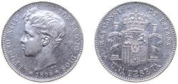 World Coins - Spain Kingdom 1896 *18-96 PGV 1 Peseta - Alfonso XIII (3rd portrait) Silver (.835) Madrid Mint (6412000) 5g AU KM706