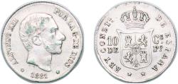 World Coins - Philippines Spanish colony 1881 10 Centavos - Alfonso XII Silver (.835) Manila Mint (624000) 2.58g XF KM 148