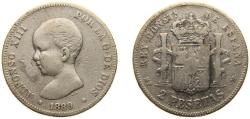 World Coins - Spain Kingdom 1889 MPM 2 Pesetas - Alfonso XIII (1st portrait) Silver (.835) Madrid Mint (559000) 10g VF KM 692 Cal 29