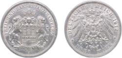 World Coins - Germany Free Hanseatic city of Hamburg German states 1912 J 3 Mark Silver (.900) (491088) 16.67g AU KM 620 J 64 AKS 46