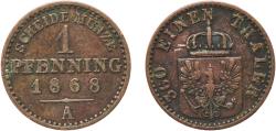 World Coins - Germany Kingdom of Prussia German states 1868 A 1 Pfenning - Wilhelm I Copper Berlin Mint 1.42g XF  AKS 108 Old/Mue 2 426, 429, 433 KM 480 Kahnt/Schön 84 Neum 19