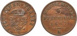 World Coins - Germany Kingdom of Prussia German states 1867 A 3 Pfenninge - William I Copper Berlin Mint 4.42g AU  AKS 106 Old/Mue 2 424, 427, 431 KM 482 Neum 17 Schr 162-188