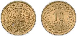 World Coins - Tunisia Republic AH1380 (1960) 10 Millimes (non-magnetic) Brass 3.51g UNC KM 306 Schön 204