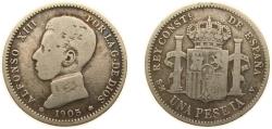 World Coins - Spain Kingdom 1905 *19-05 SMV 1 Peseta - Alfonso XIII (4th portrait) Silver (.835) Madrid Mint (492000) 5g VF KM 721