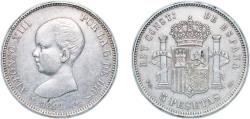World Coins - Spain Kingdom 1891 *18-91 PGM 5 Pesetas - Alfonso XIII (1st portrait) Silver (.900) Madrid Mint (11659556) 25g XF KM 689