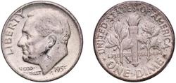 Us Coins - United States Federal republic 1955 D 1 Dime "Roosevelt Silver Dime" Silver (.900) Denver Mint (14000000) 2.45g XF  KM 195 Schön 197