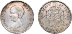 World Coins - Spain Kingdom 1888 *18-88 MPM 5 Pesetas - Alfonso XIII (1st portrait) Silver (.900) Madrid Mint (10643900) 25g XF KM 689