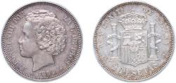 World Coins - Spain Kingdom 1894 *18-94 PGV 2 Pesetas - Alfonso XIII Beautiful patina Silver (.835) (279000) 10.04g UNC KM 704 Cal 33