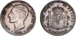 World Coins - Spain Kingdom 1878 *18-7? MSM 5 Pesetas - Alfonso XII (2nd portrait) Silver (.900) Madrid Mint 25g VF KM 676 Cal 28