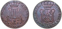 World Coins - Spain  Principality of Catalonia 1844 6 Cuartos (6 CUAR) Copper Barcelona Mint 14g AU Cal 682 KM 128